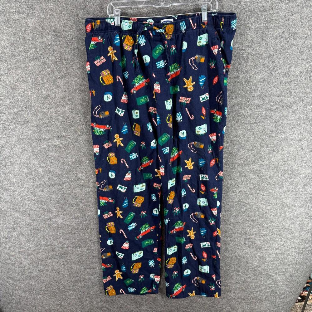 Old Navy Pajama Pants Women XL Blue Christmas Print Drawstring High Rise Cotton